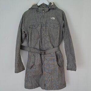 The North Face Black & White Plaid Hooded Belted Trench Jacket Size XL